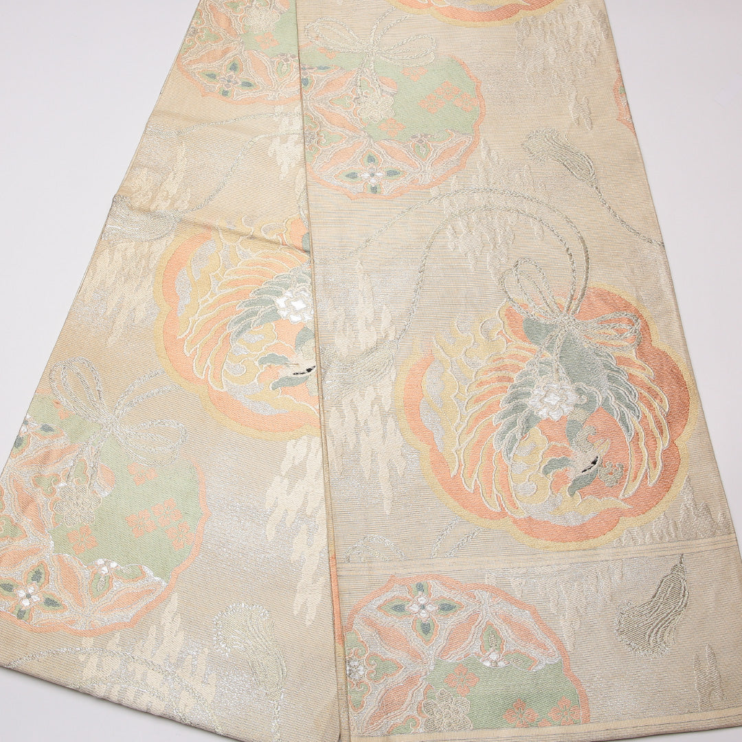 アンティーク 夏物 丸帯 帯丈404cm 正絹 全通 鏡裏文 鳳凰 クリーム系 1242-01258