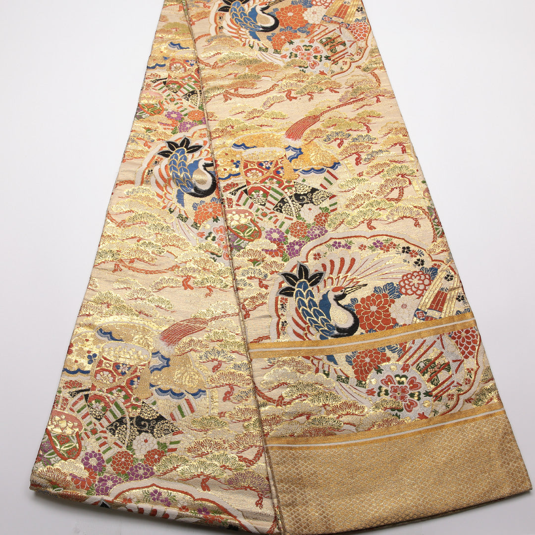 アンティーク 丸帯 帯丈416cm 正絹 全通 松鶴 御所解 金系 1242-01341