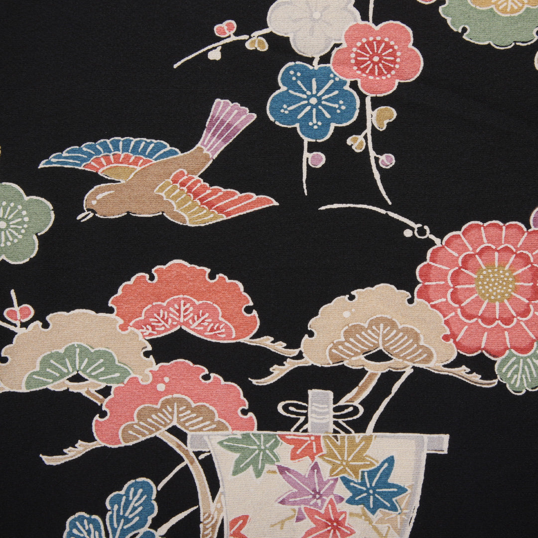 小紋 袷 身丈152cm 裄丈62cm 正絹 Aランク インフォーマル 広衿 Sサイズ 花鳥文 黒系 RP 1221-02142