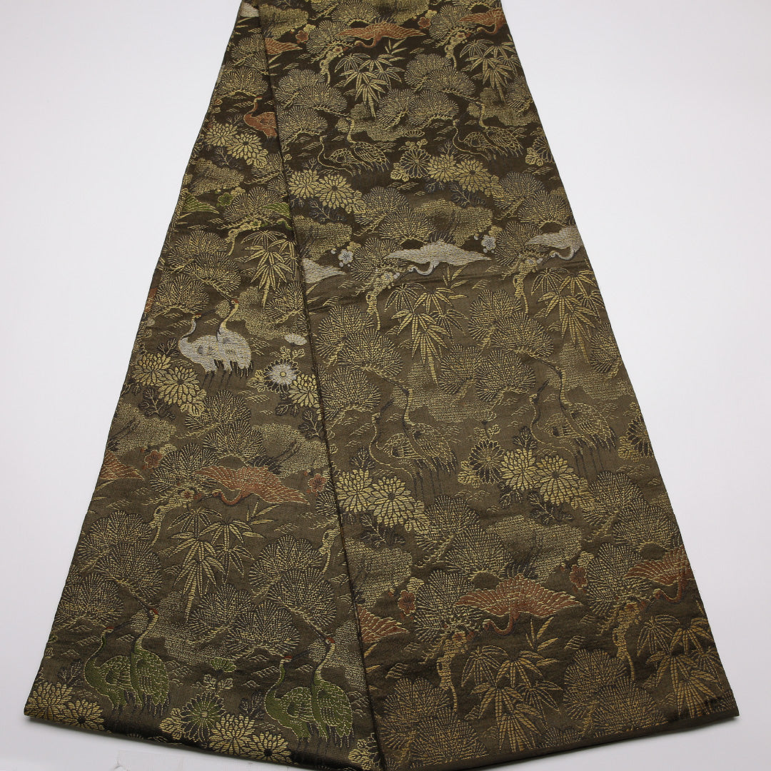アンティーク 丸帯 帯丈400cm 正絹 全通 琳派 松鶴 緑系 1242-01408