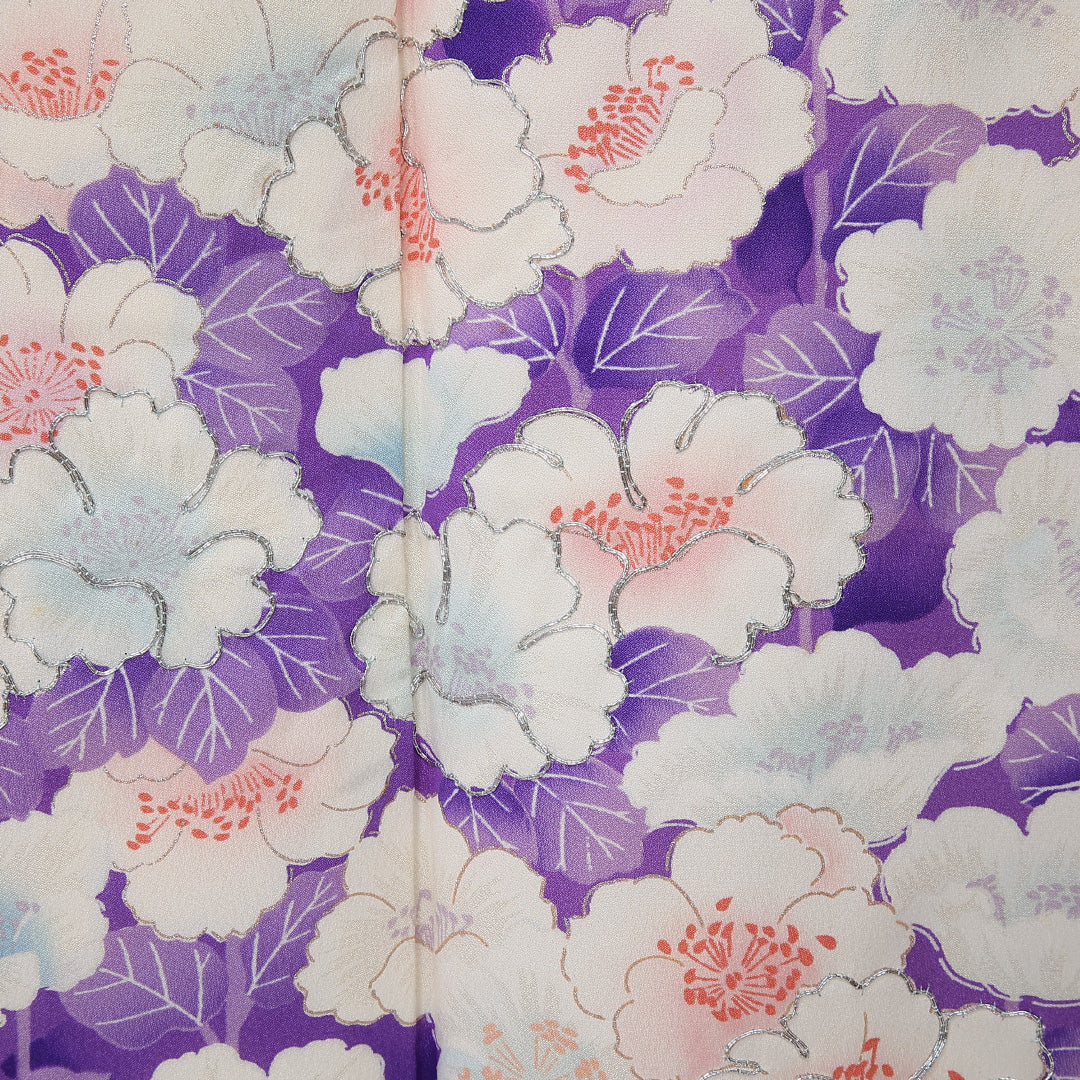 振袖 身丈160cm 裄丈63.5cm Cランク 正絹 袷 広衿 L 銀駒刺繍 牡丹 フォーマル 独創的 華やか 紫系 1213-F0481