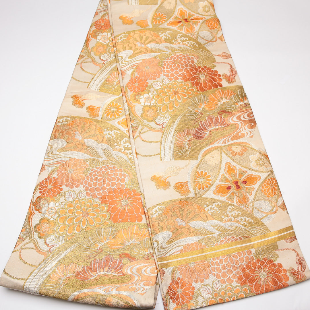アンティーク 丸帯 帯丈388cm 正絹 全通 花扇 菊 クリーム系 1242-01193