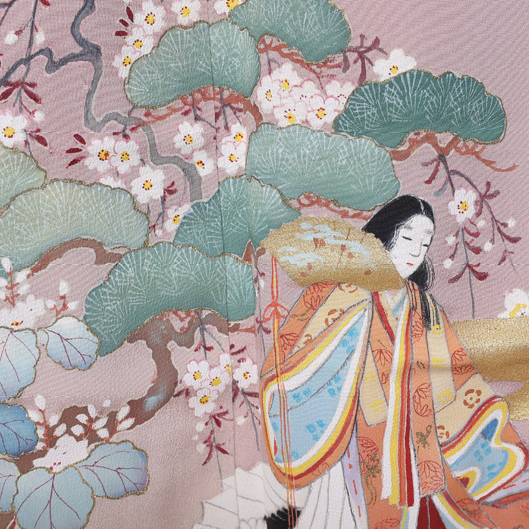 訪問着 袷 身丈162cm 裄63cm 正絹 一つ紋 平安絵巻 松 梅 右二つ巴 Bランク 1212-00694