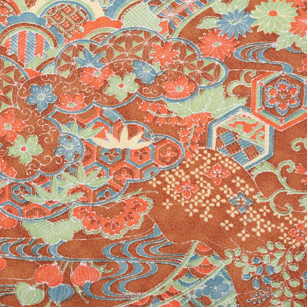 新古品 小紋 袷 身丈153cm 裄丈62cm 正絹 Nランク Sサイズ バチ衿 インフォーマル ちりめん 吉祥文様 桐 しつけ糸 茶系 1215-01890