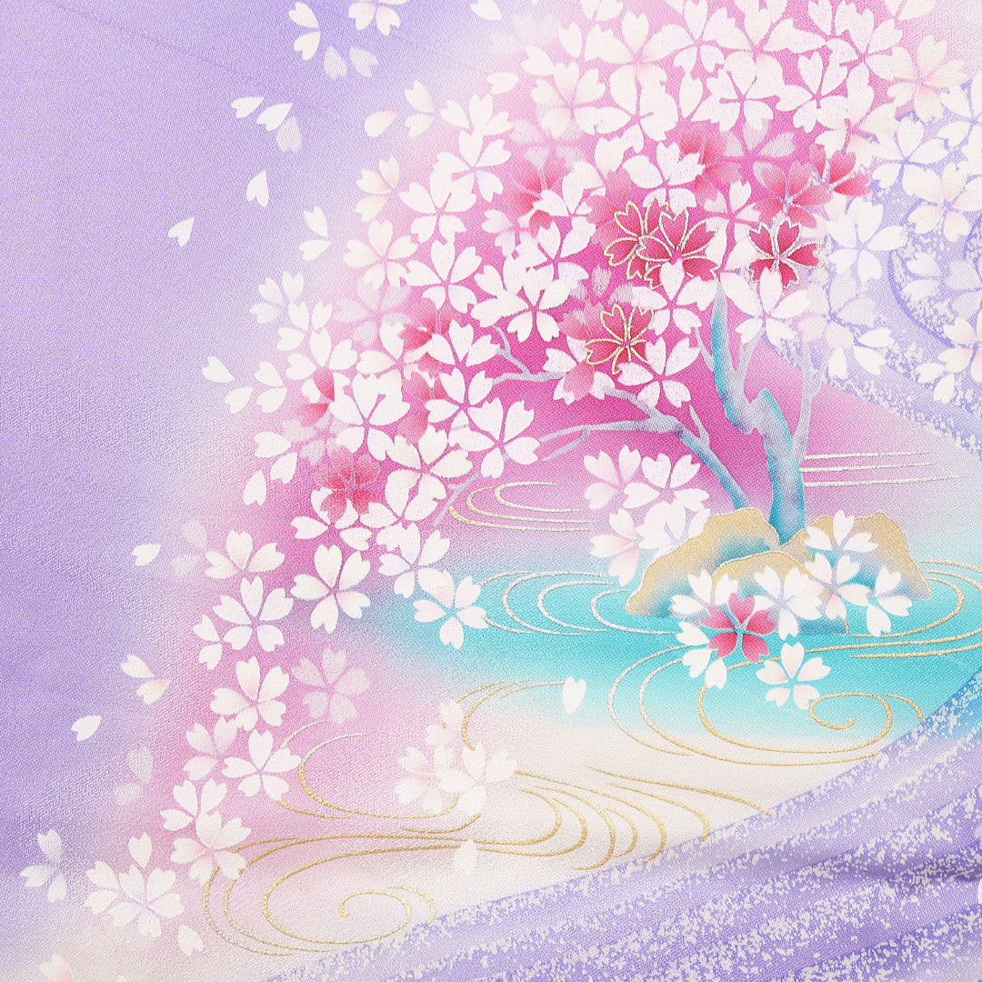 振袖 身丈161cm 裄丈65cm Bランク 正絹 袷 広衿 L しつけ糸 流水 吉祥文様 桜 フォーマル 紫系 1213-F0527