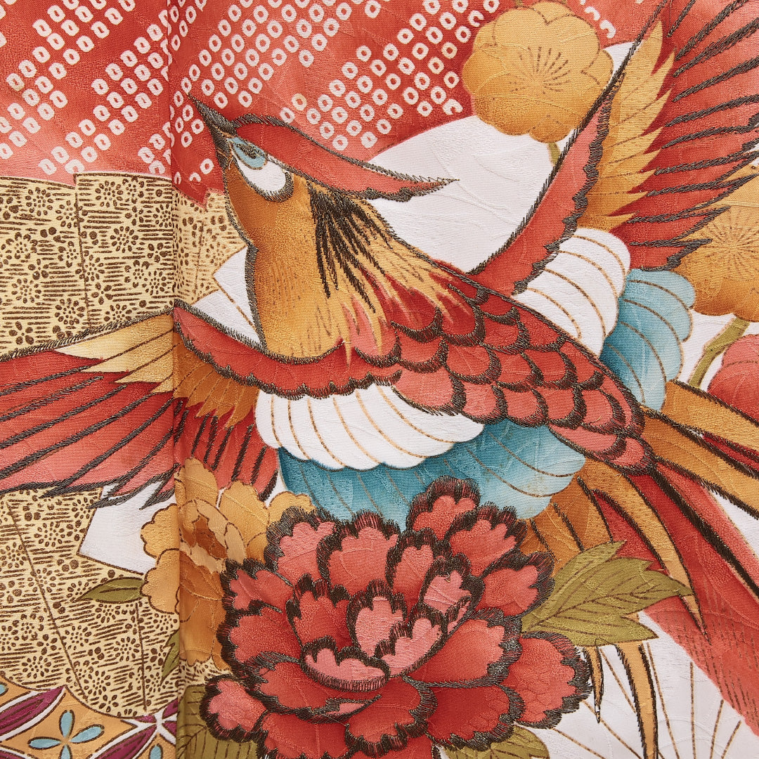 振袖 身丈164cm 裄丈65cm Cランク ポリエステル 洗える着物 袷 広衿 L 刺繍 吉祥文様 扇 牡丹 フォーマル 古典的 華やか クリーム系 1213-F0601