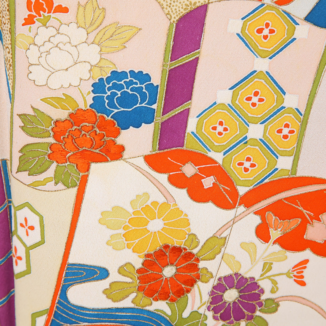 訪問着 身丈160cm 裄丈64.5cm Bランク L 正絹 単衣 広衿 吉祥文様 色紙 菊 紅葉 セミフォーマル ピンク系 1212-12229