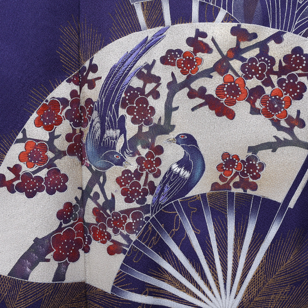 訪問着 袷 身丈158cm 裄64.5cm 正絹 金彩 扇子 鴛鴦 菖蒲 箔 松 Aランク 1212-00697