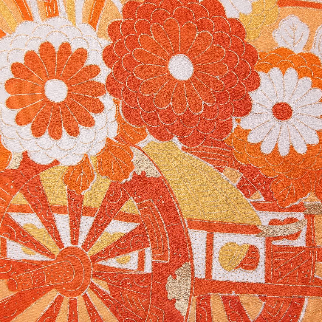 振袖 身丈160cm 裄丈64cm 袷 正絹 Sランク 広衿 花車 牡丹 紅葉 菊 芝草 金駒刺繍 1213-F0393