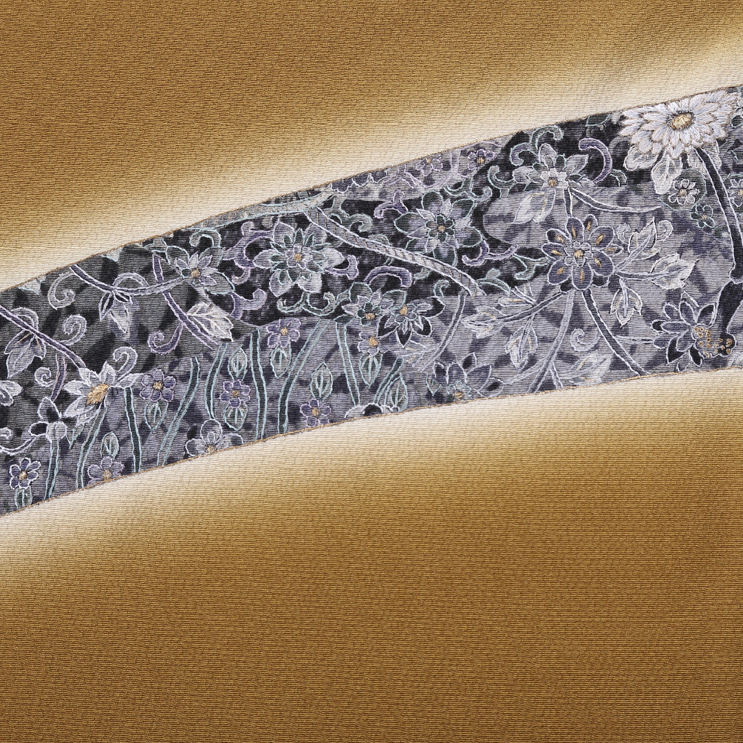 訪問着 袷 身丈163cm 裄丈65cm 正絹 賢三 Sランク Lサイズ 広衿 セミフォーマル 唐草華文 牡丹 蘇州刺繍 作家物 落款 茶系 黄系 1212-04473