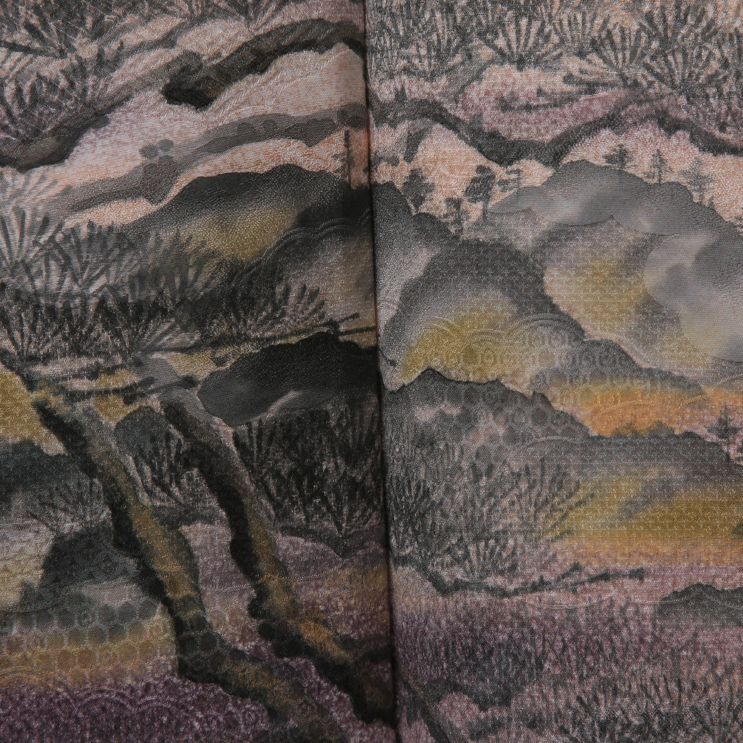 訪問着 袷 身丈155~159cm 裄63cm 正絹 ぼかし 水墨画風 松景色 山水 雄黄色 作家物 スコッチガード クリーム系 画 Bランク 1212-00620