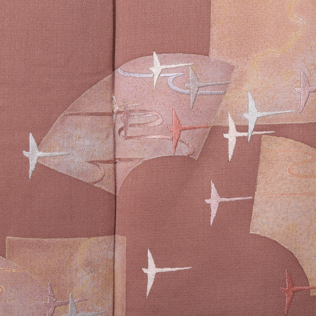 訪問着 袷 身丈156cm 裄丈63cm 正絹 Sランク Mサイズ 広衿 セミフォーマル 鳥 扇 引箔 刺繍 茶系 1212-04487