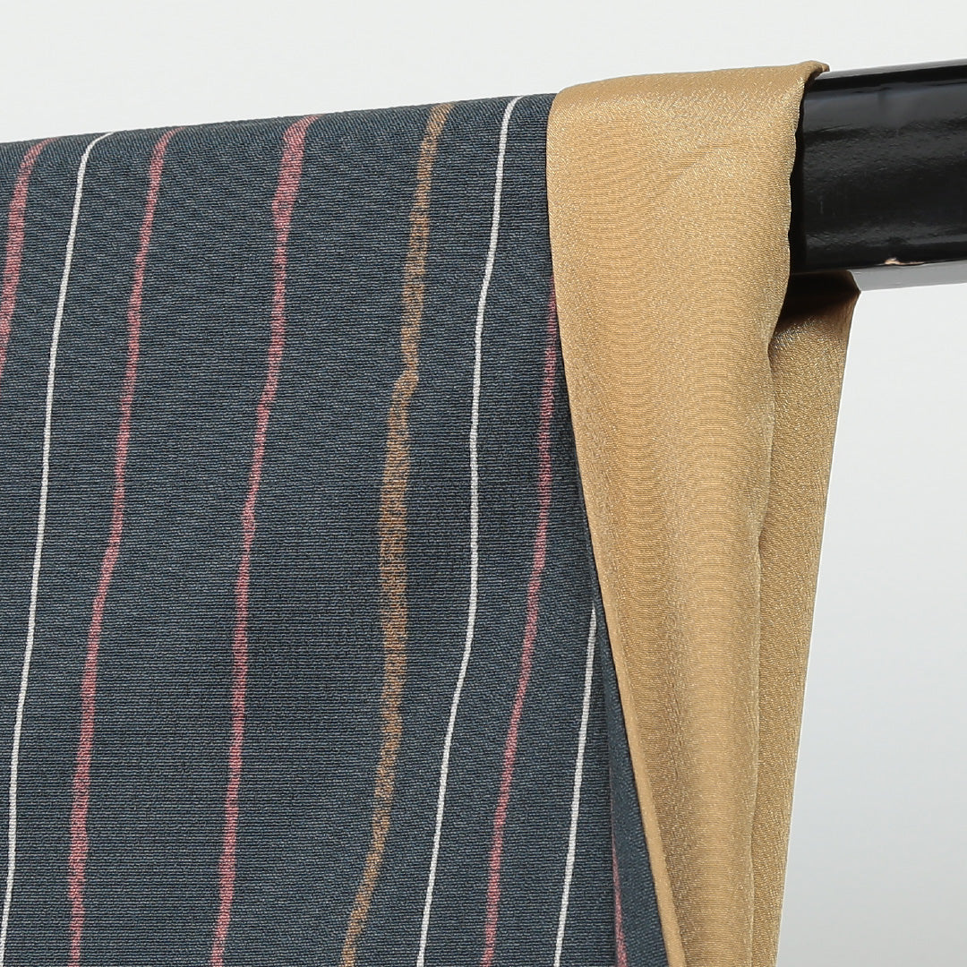 小紋 洗える着物 袷 身丈156cm 裄丈67cm ポリエステル Bランク Mサイズ 広衿 インフォーマル よろけ縞 紺系 緑系 1215-00971