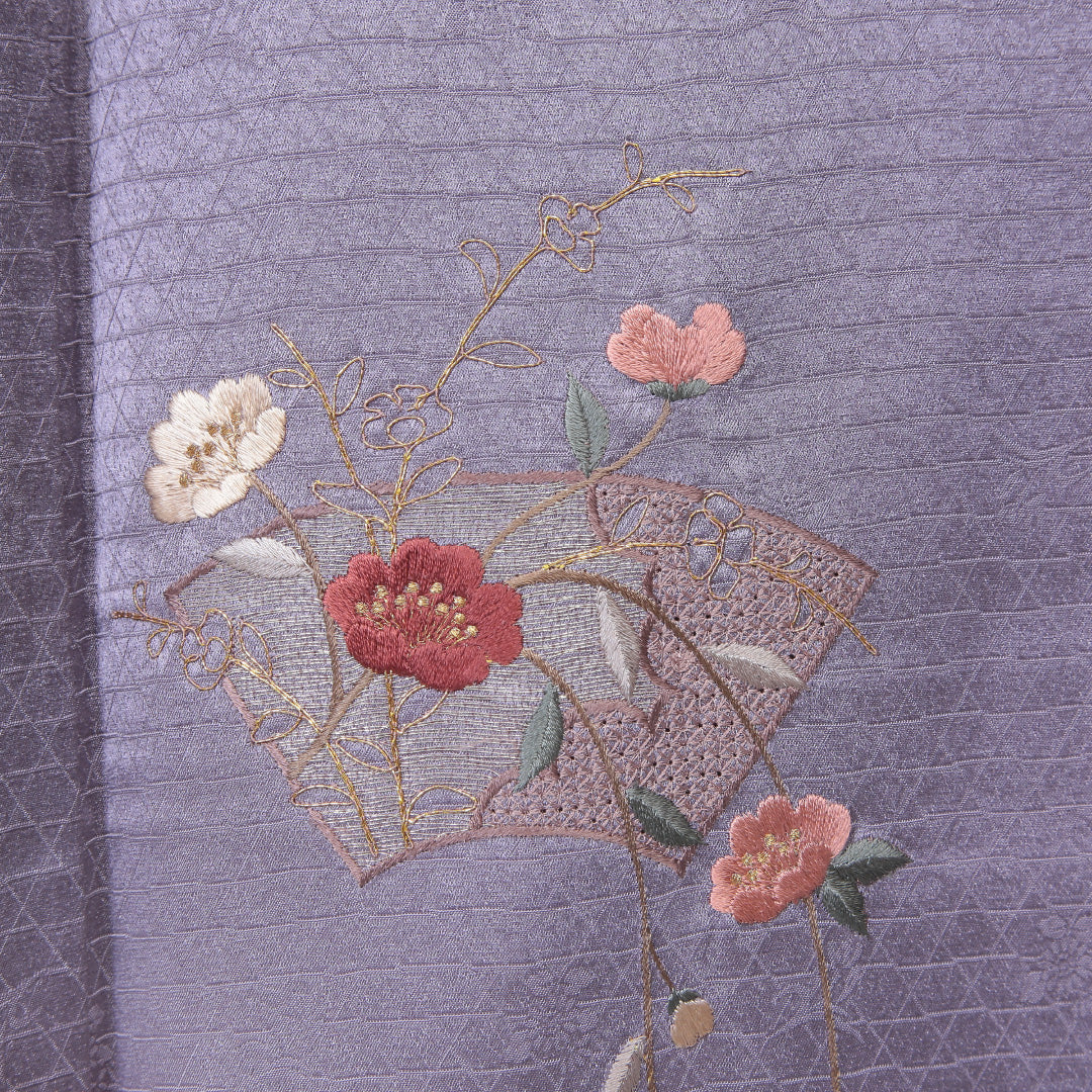 訪問着 袷 身丈160~164cm 裄63.5cm 正絹 蘇州刺繡 唐花 鱗柄 紫系 Sランク 1212-00580