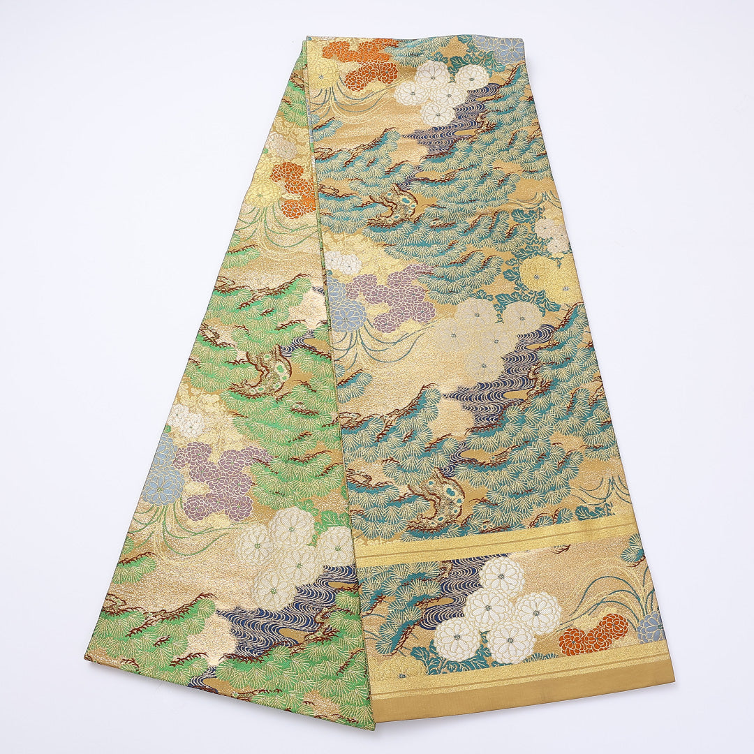 アンティーク 丸帯 帯丈388cm 全通 松 菊 緑系 フォーマル 金系 正絹 Aランク 1223-00985