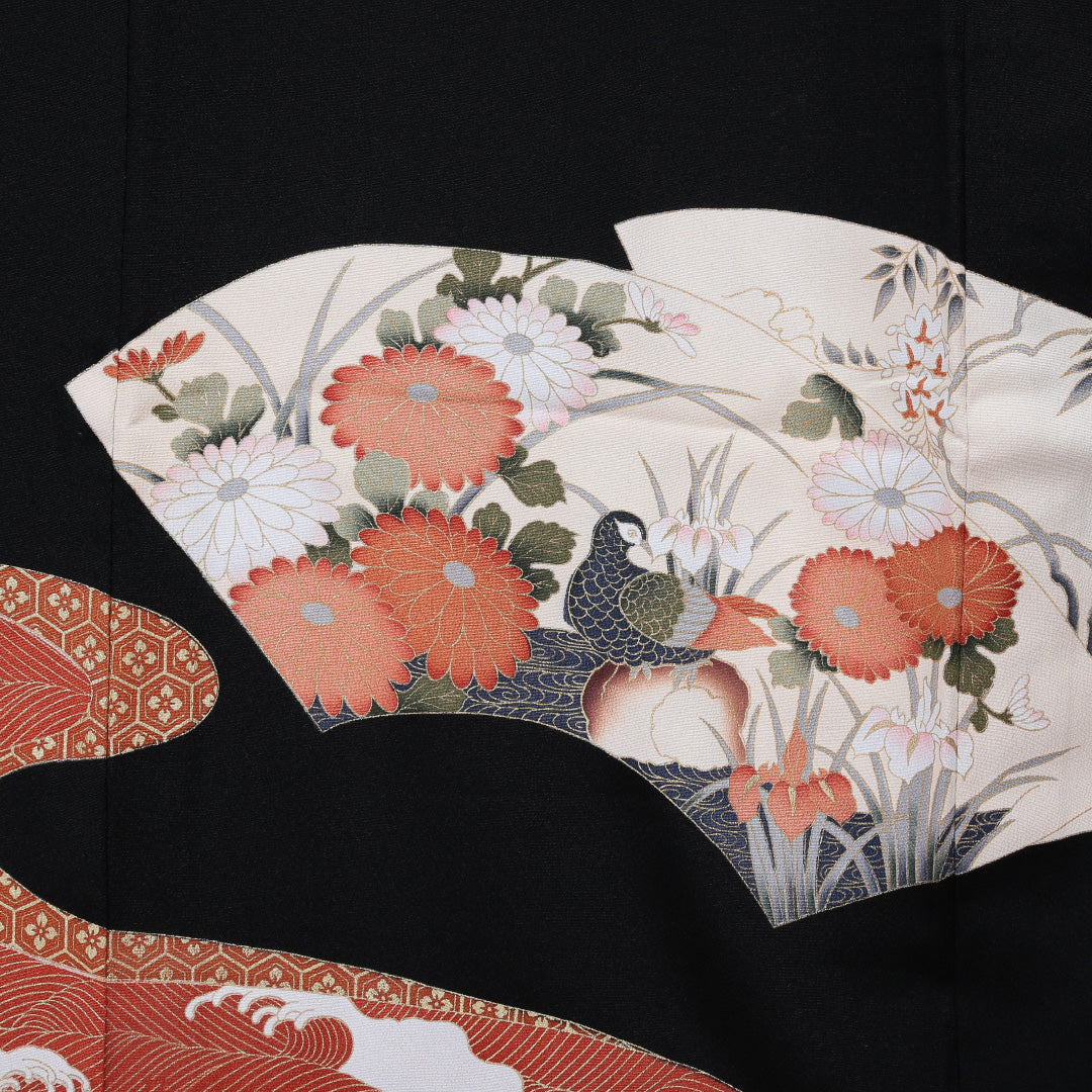 黒留袖 五つ紋 五三桐 身丈163cm 裄丈62.5cm Sランク 正絹 袷 広衿 L 京友禅 雉 牡丹 フォーマル 黒系 1211-F0189