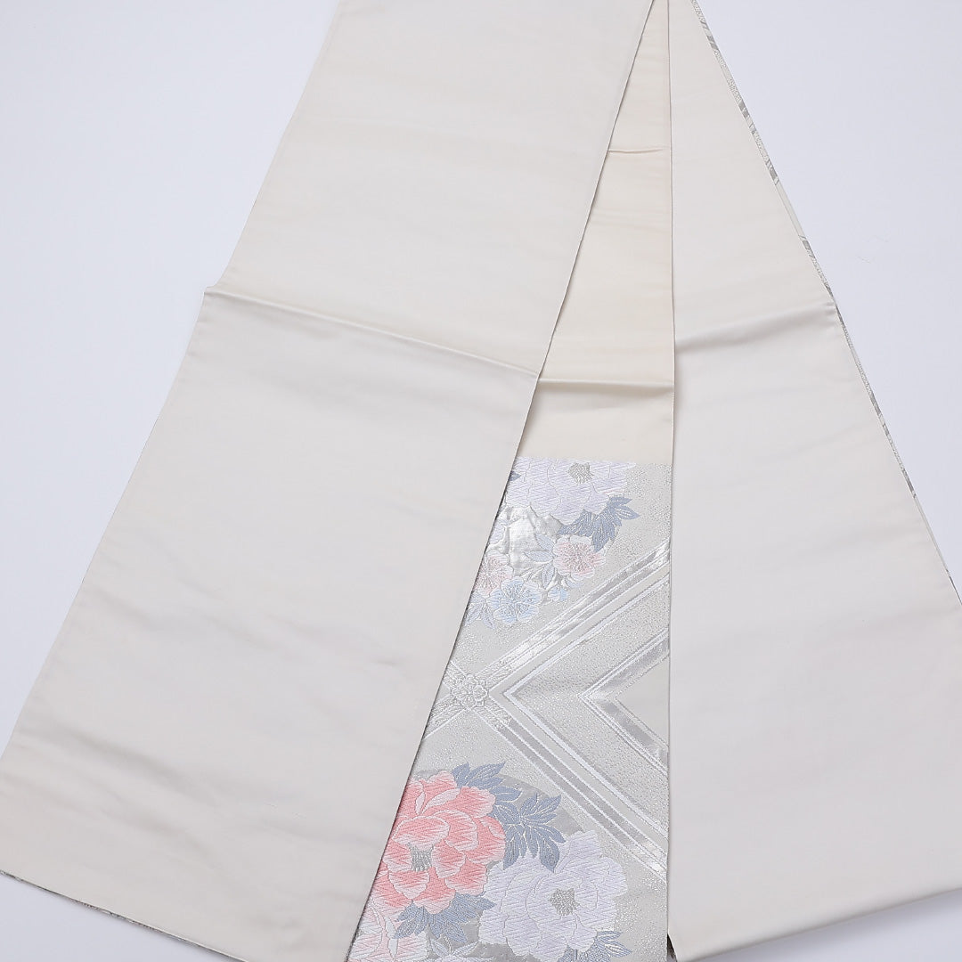 袋帯 帯丈416cm 六通 牡丹 花菱 セミフォーマル 銀系 正絹 Aランク 1223-00912