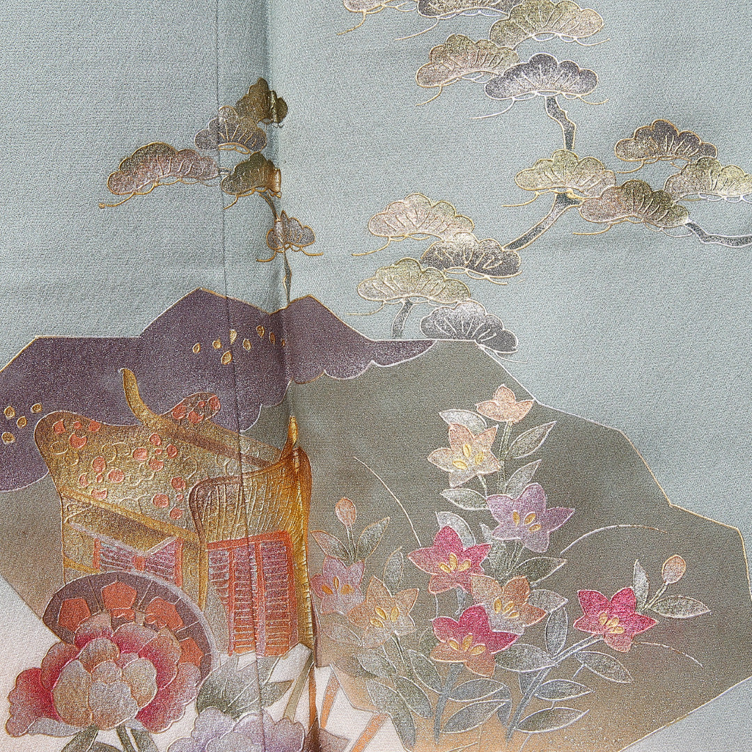訪問着 身丈155cm 裄丈62cm 正絹 Sランク 袷 広衿 笠松 扇子 牡丹 御所車 1212-10224