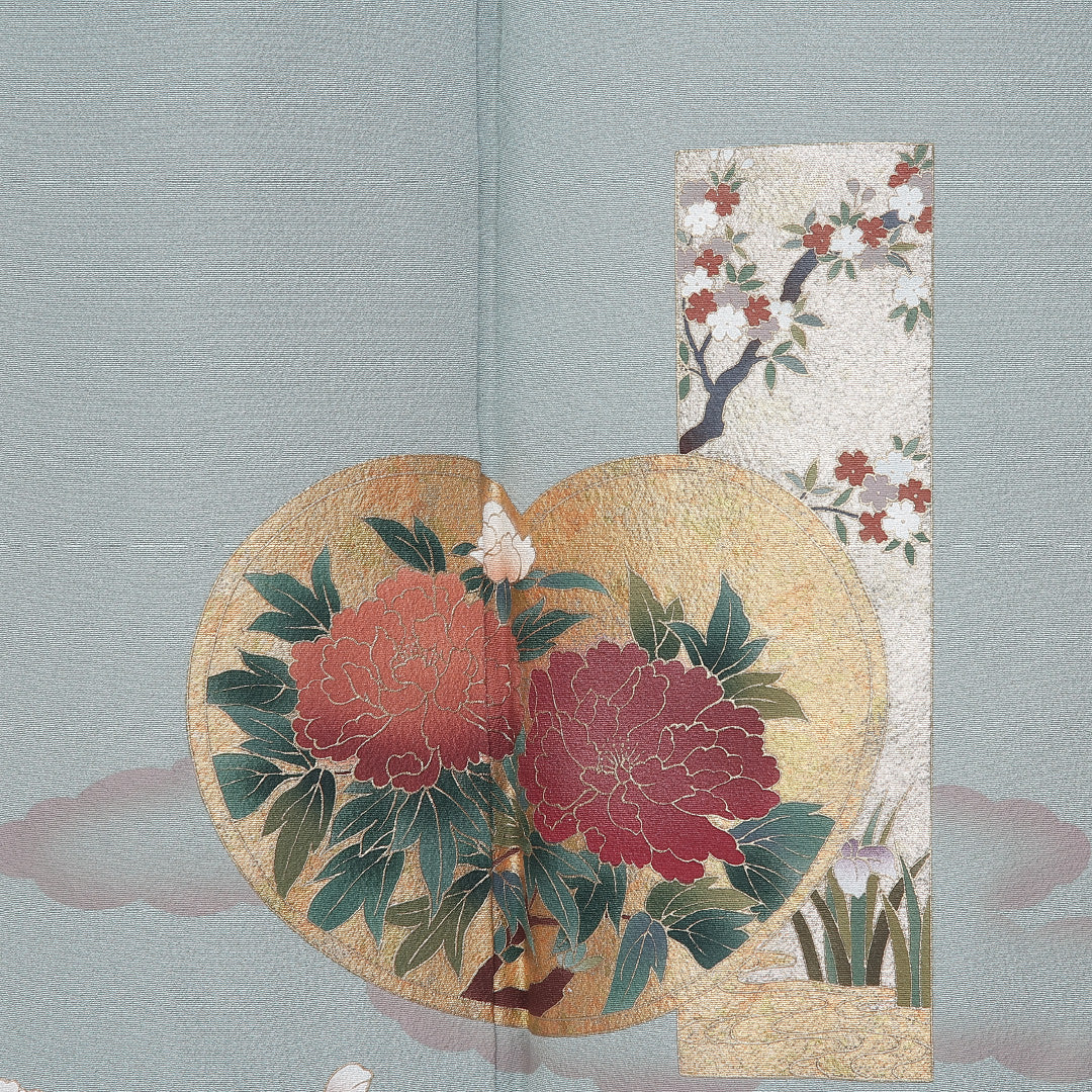 色留袖 身丈153cm 裄丈66.5cm 袷 一つ紋 三つ柏 正絹 Aランク 広衿 金箔 牡丹 桜 1211-F0415