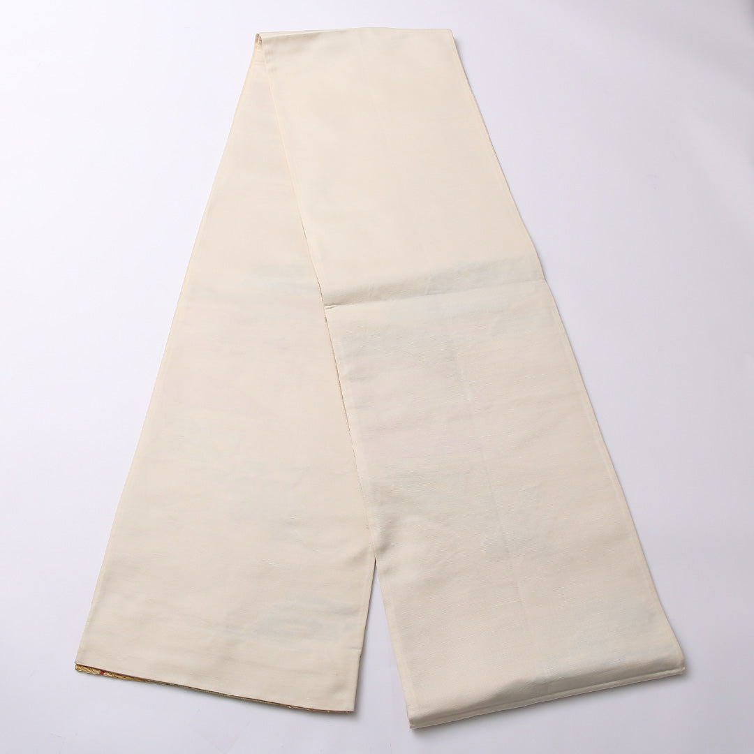 袋帯 帯丈424cm 正絹 六通 フォーマル 更紗 花扇 松鶴 八橋 金系 1243-01438