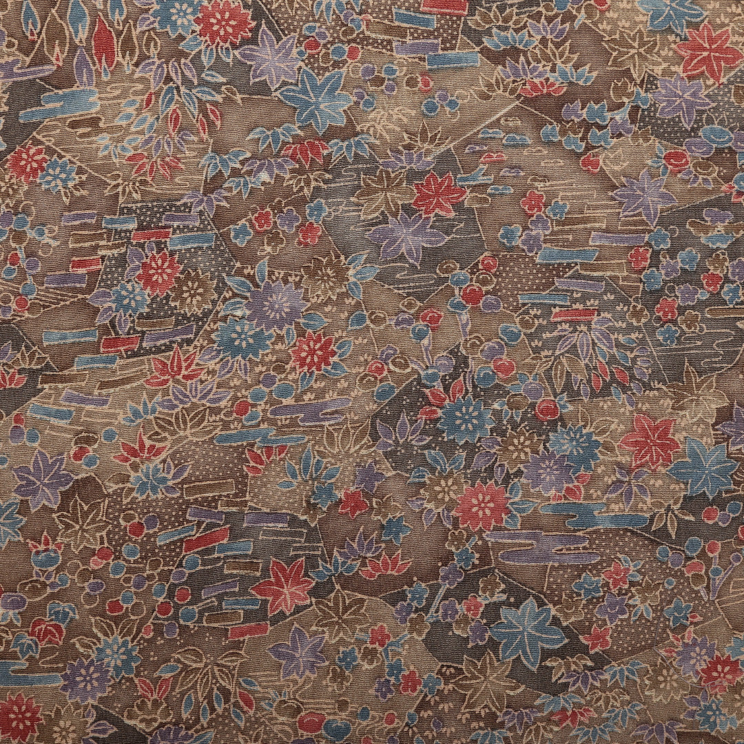 小紋 袷 身丈159cm 裄63cm 茶系 型染め 花柄 紅葉 正絹 Aランク 1215-01602-3314