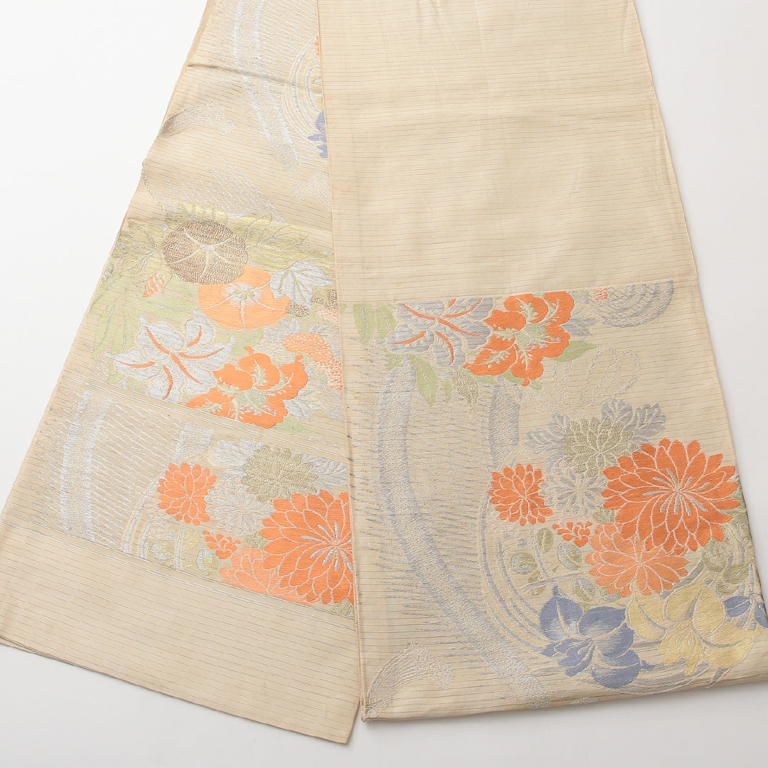 アンティーク 夏物 丸帯 帯丈412cm 正絹 六通 帯端のみ未仕立て 帯芯なし 朝顔 クリーム系 1242-01482