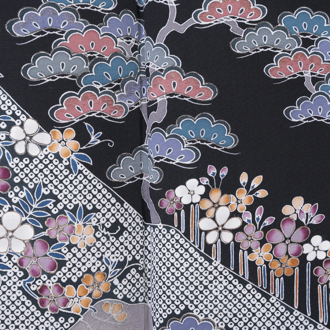 黒留袖 五つ紋 下り藤 身丈158cm 裄丈64cm Sランク 正絹 袷 比翼 広衿 M 京友禅 松 フォーマル 黒系 1211-F0215