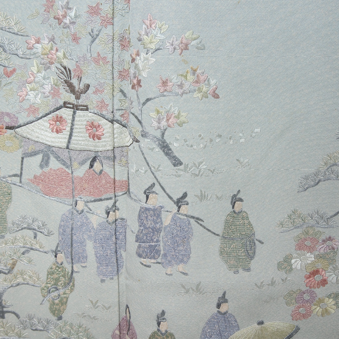 訪問着 身丈154cm 裄丈63.5cm Aランク S 正絹 袷 広衿 一つ紋 五三桐 落款 翠山刺繍 刺繍 ぼかし染 フォーマル 緑系 1212-12198