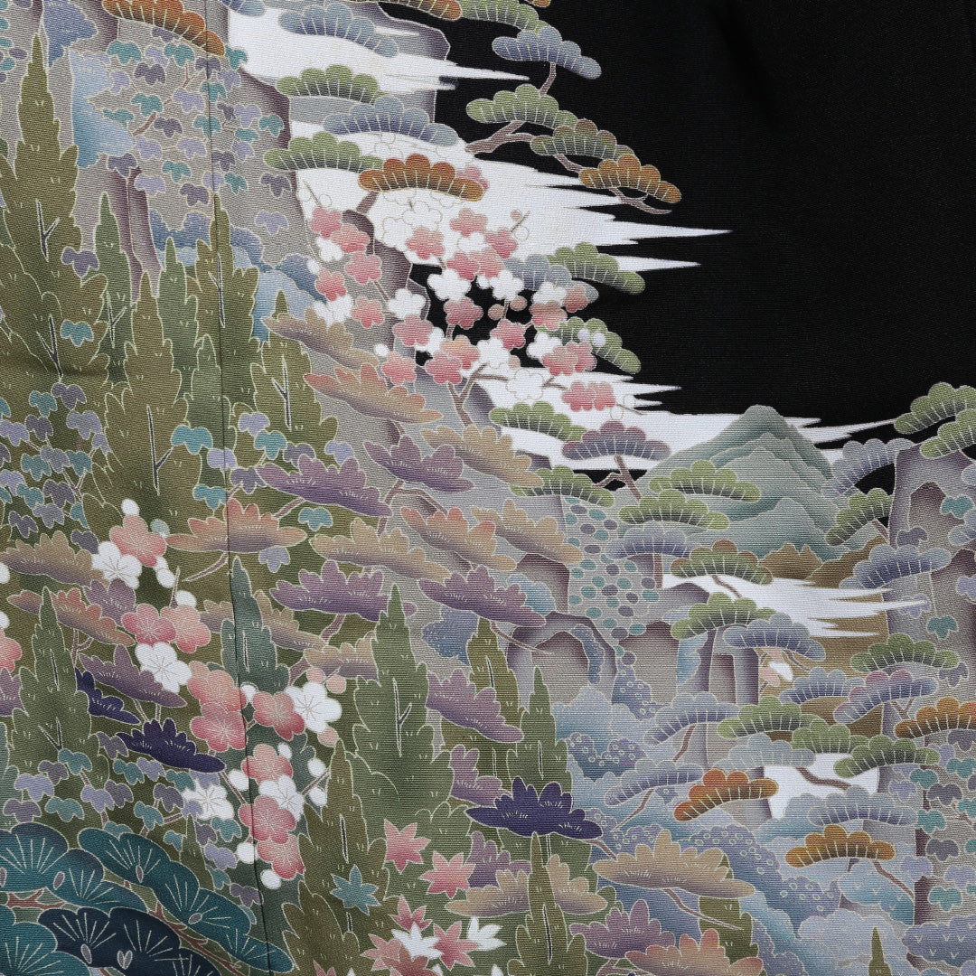 黒留袖 五つ紋 丸に木瓜 翠晶 身丈147cm 裄丈63cm Aランク 正絹 袷 比翼 広衿 XS 作家物 落款 京友禅 山水 フォーマル 黒系 1211-F0192