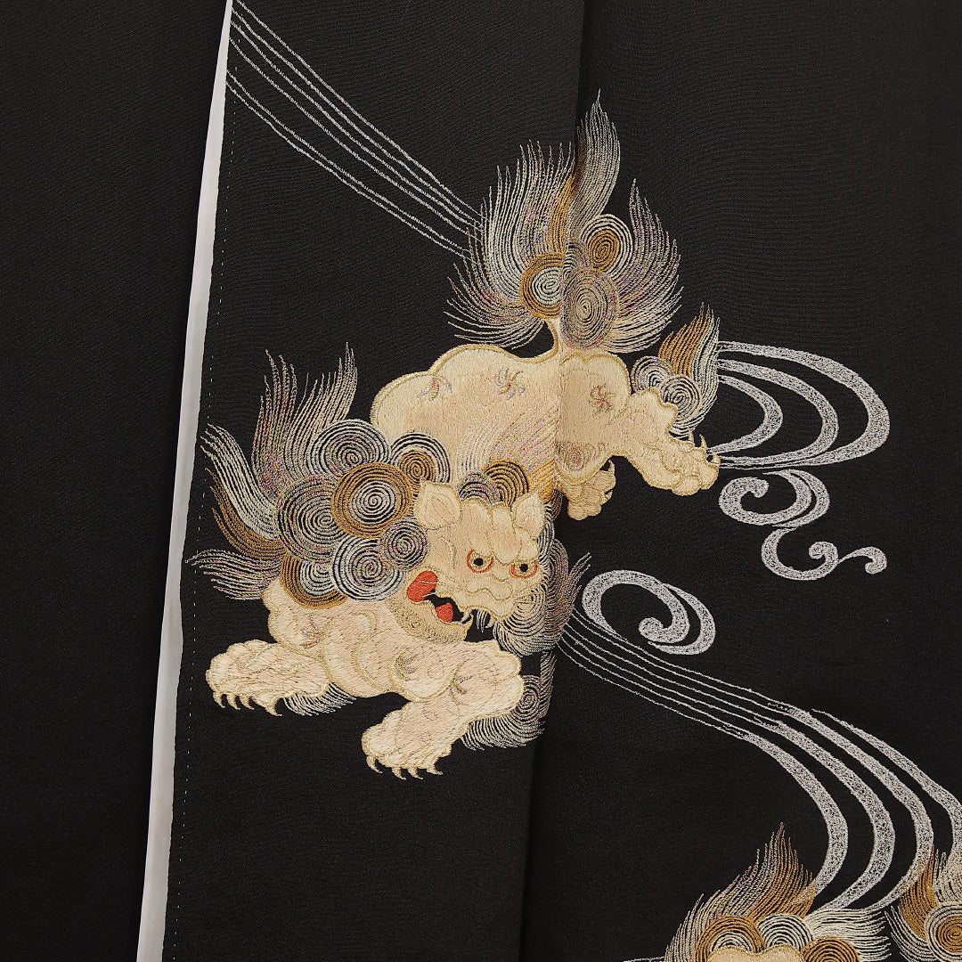 黒留袖 五つ紋 花菱 身丈164cm 裄丈64cm Aランク ポリエステル 洗える着物 袷 比翼 広衿 L 刺繍 唐獅子 フォーマル 独創的 重厚感 黒系 1211-F0579