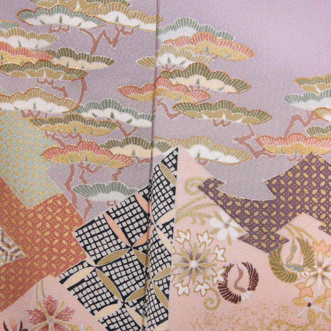 色留袖 袷 身丈156cm 裄65cm 正絹 三つ紋 切嵌め 吉祥文様 花喰い鳥 蘇州刺繡 丸に剣片喰 紫系 Aランク 1211-00153