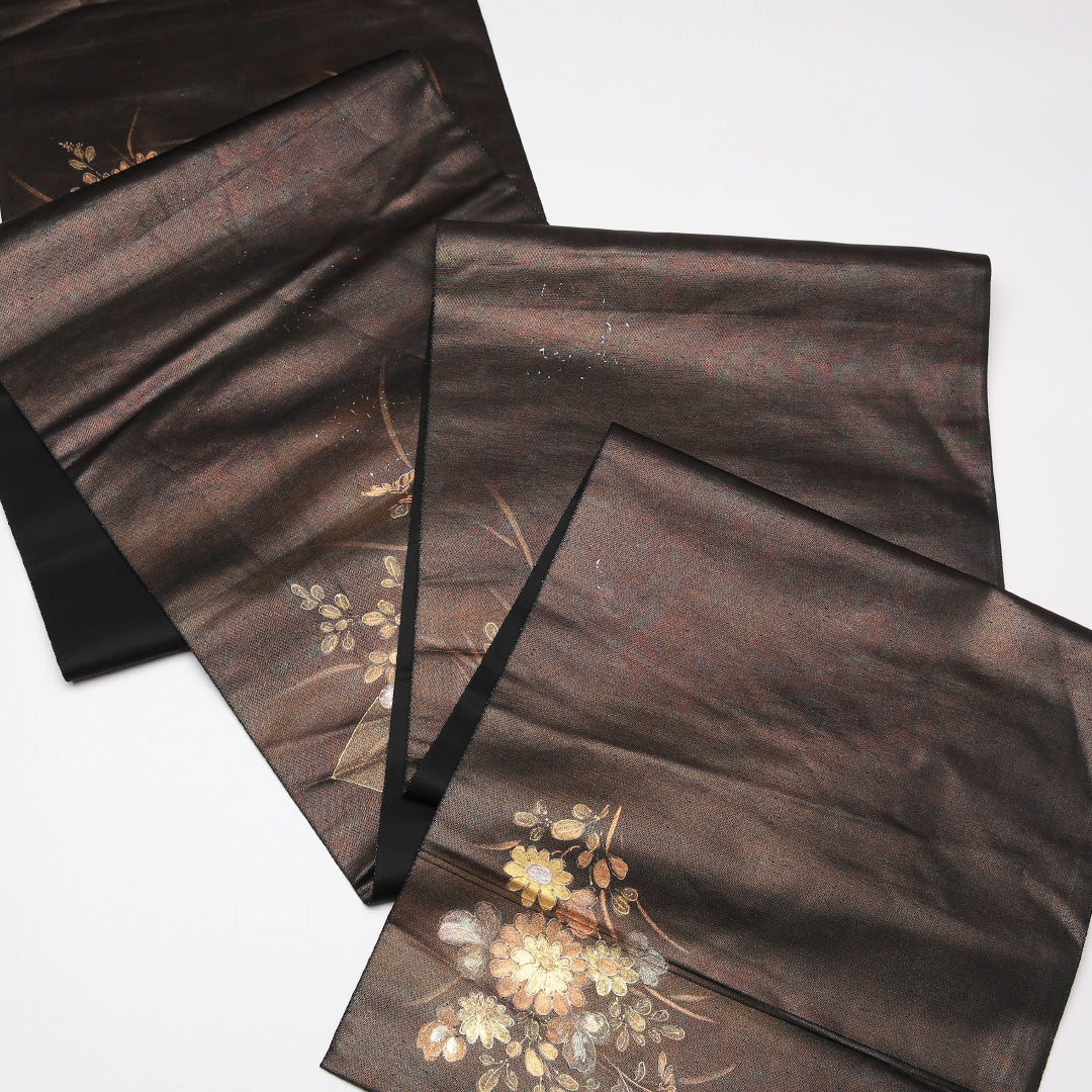 袋帯 帯丈436cm 六通 旭水 菊 作家物 友禅 フォーマル 落款 黒系 正絹 Aランク 1223-01196