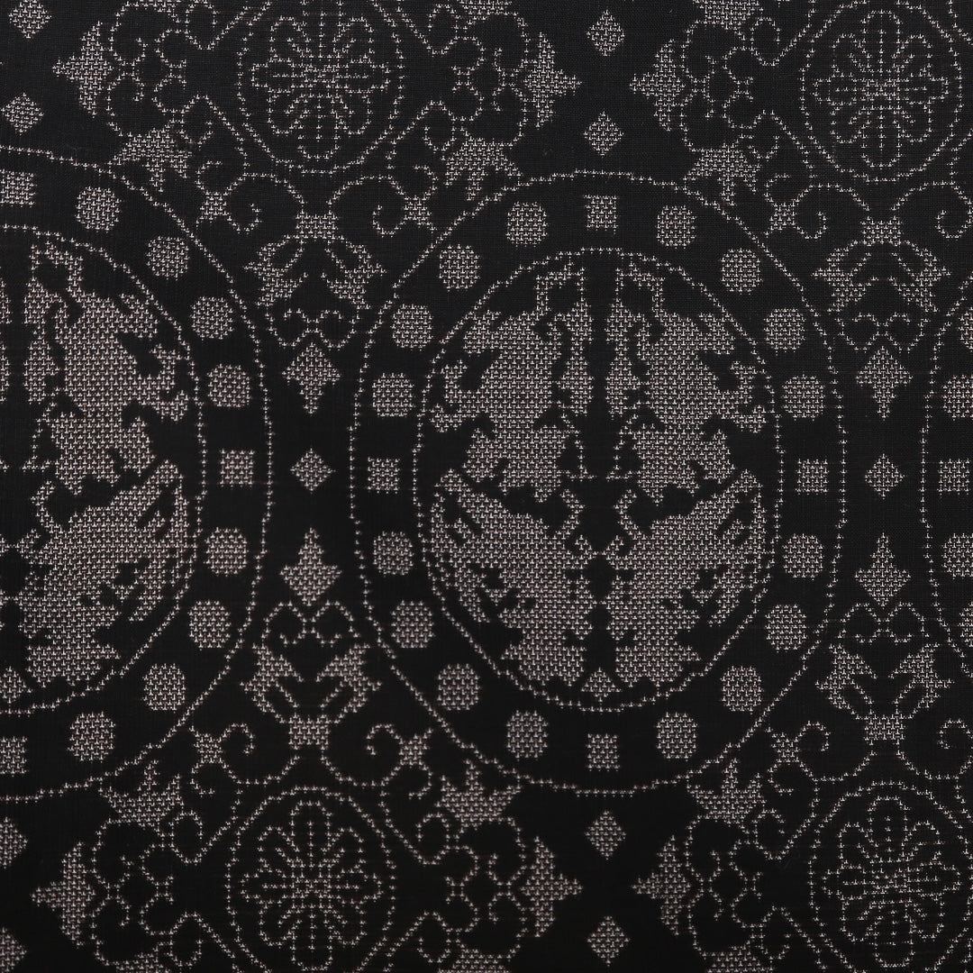 未使用品 紬(大島紬) 袷 身丈160cm 裄丈62cm 正絹 Sランク Lサイズ 広衿 インフォーマル 経緯絣 連珠文 しつけ糸 黒系 1216-03133