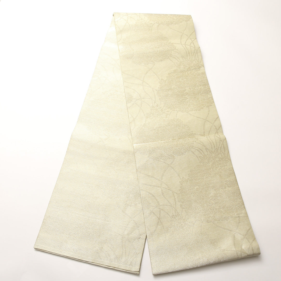 新古品 夏物 袋帯 帯丈410cm 全通 セミフォーマル Bランク 正絹 絽 花柄 シック 清楚 クリーム系 1223-01485