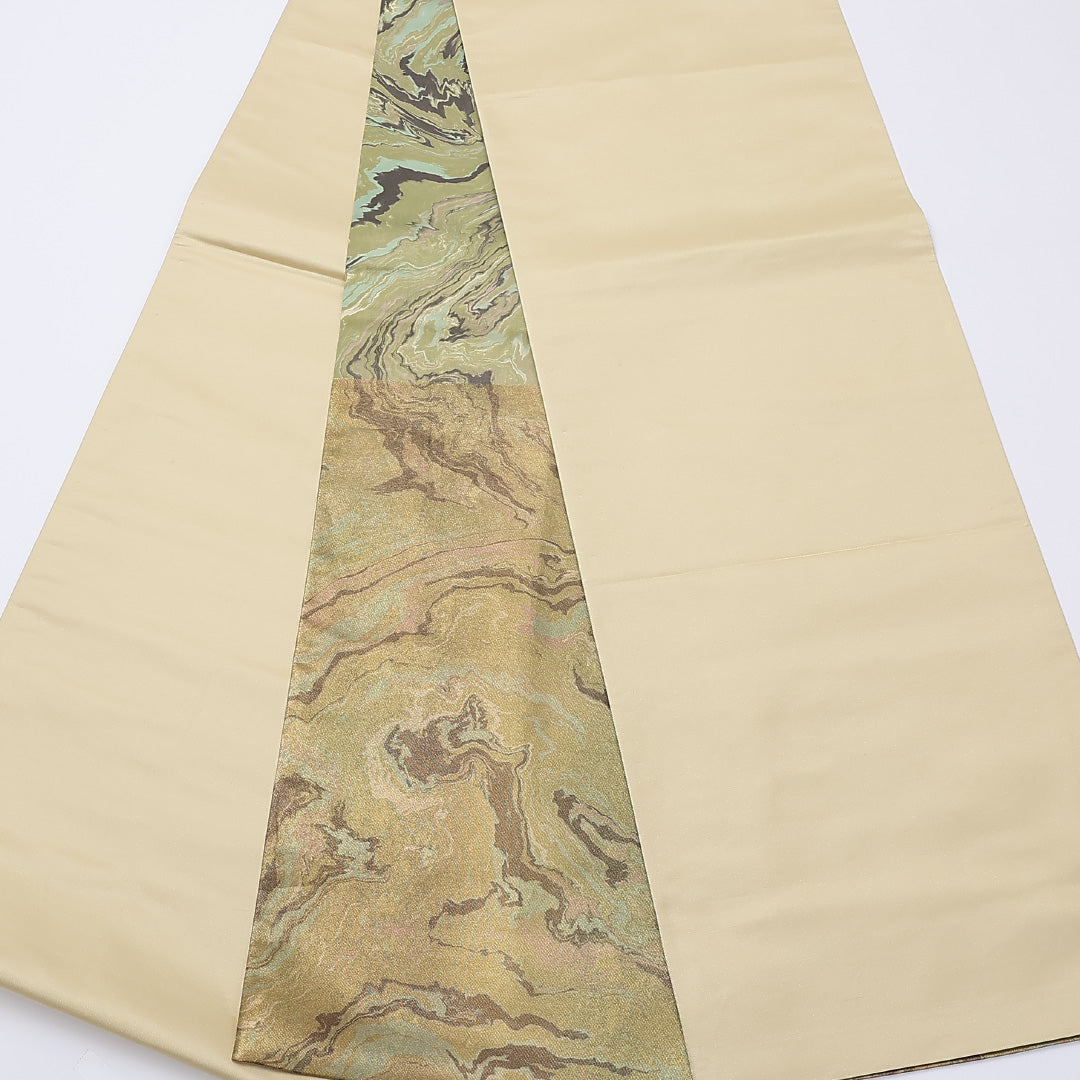 袋帯 帯丈452cm 六通 墨流し 引箔 カジュアル 金系 正絹 Sランク 1223-00948