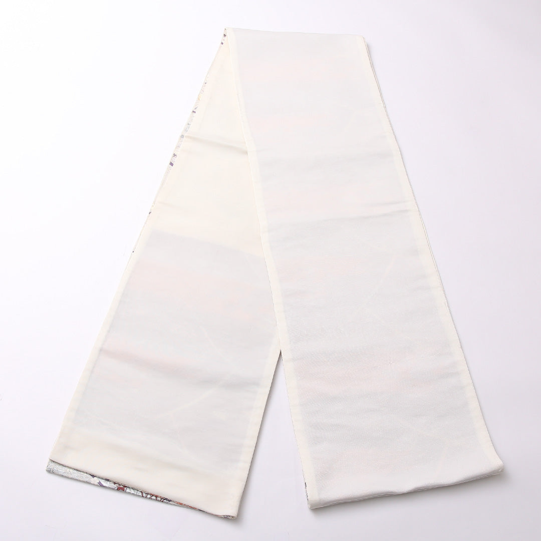 袋帯 帯丈412cm 正絹 六通 フォーマル 琳派 裂取り 御所解 銀系 白系 1243-01514