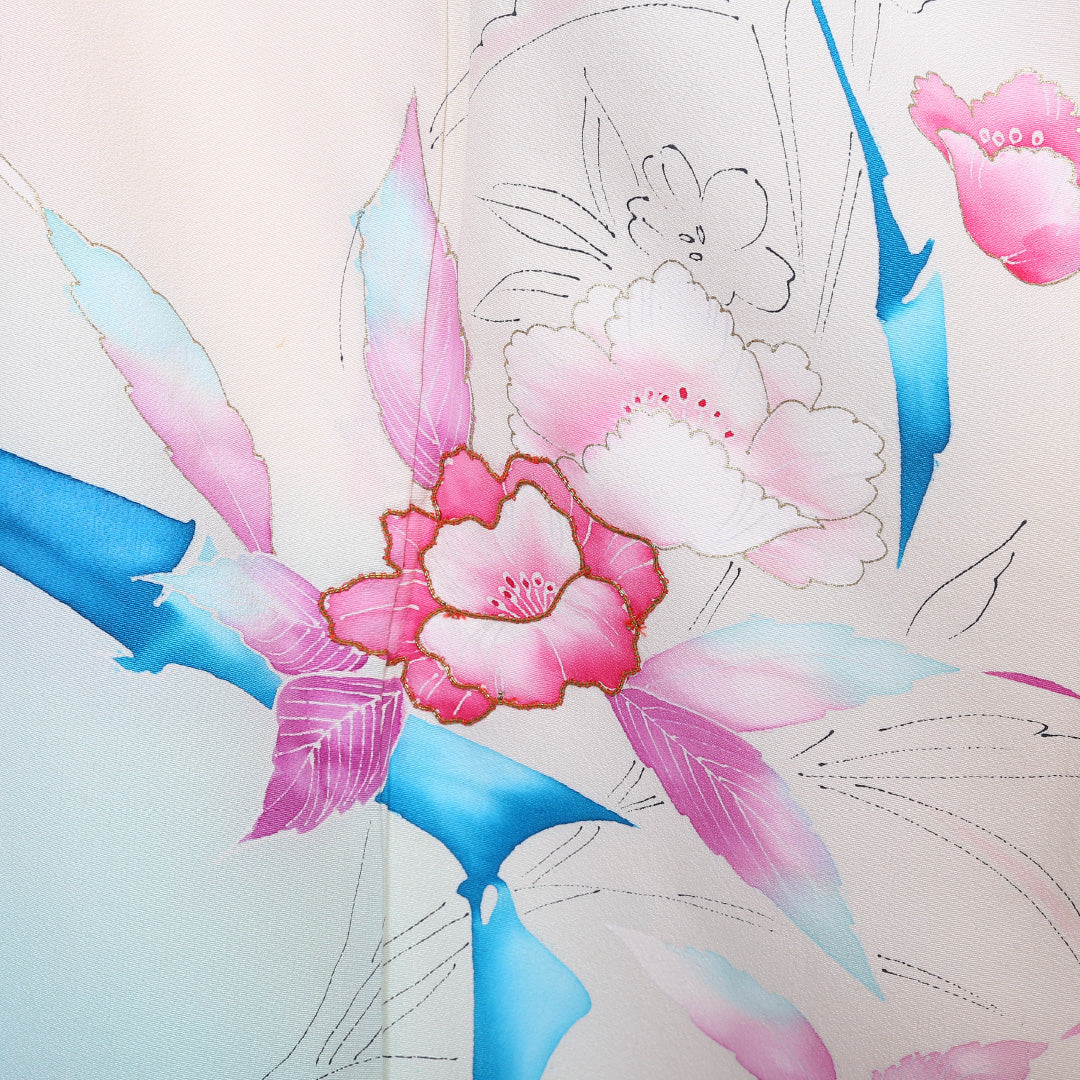 訪問着 袷 身丈161cm 裄丈62cm 正絹 Cランク Lサイズ 広衿 セミフォーマル 牡丹 金駒刺繍 クリーム系 1212-04478