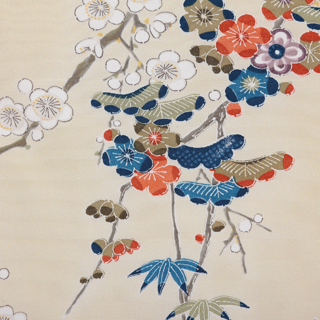小紋 袷 身丈153cm 裄64cm クリーム系 梅 笠松 笹 紅葉 型染め 正絹 Aランク 1215-01771-3215