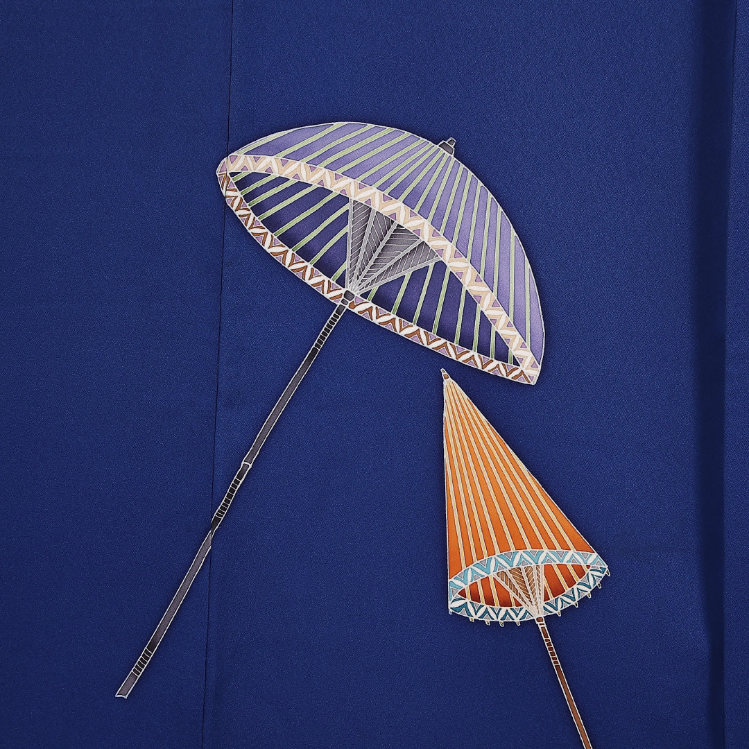 色留袖 一つ紋 身丈152cm 裄丈64cm Aランク 正絹 袷 広衿 S 丸に四つ目菱 傘 セミフォーマル 青系 1211-F0283