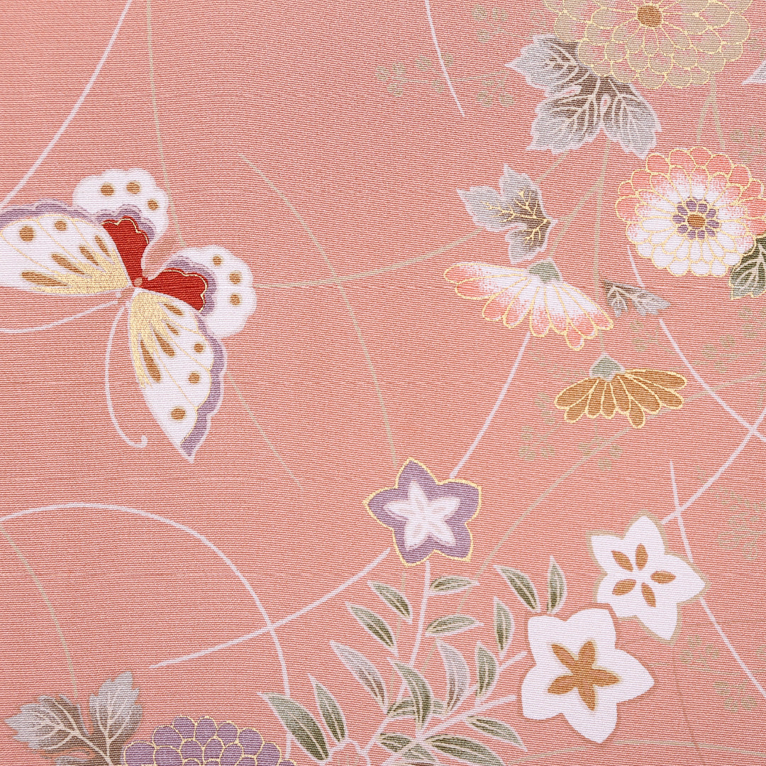 小紋 袷 身丈161cm 裄64cm ピンク系 菊 桔梗や蝶 金彩 正絹 Aランク 1215-01948-3413