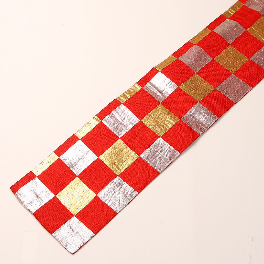 半幅帯 帯丈328cm ポリエステル 全通 小袋帯 カジュアル 市松 赤系 1247-00758