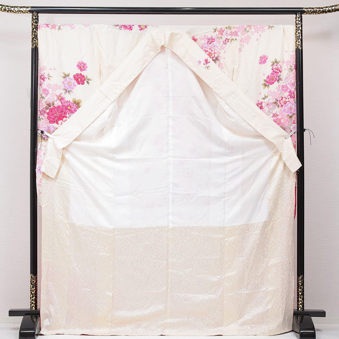 振袖 袷 身丈174cm 裄丈69cm 正絹 Sランク フォーマル 広衿 2XLサイズ ガード加工 毬 牡丹 白系 RP 1215-06986