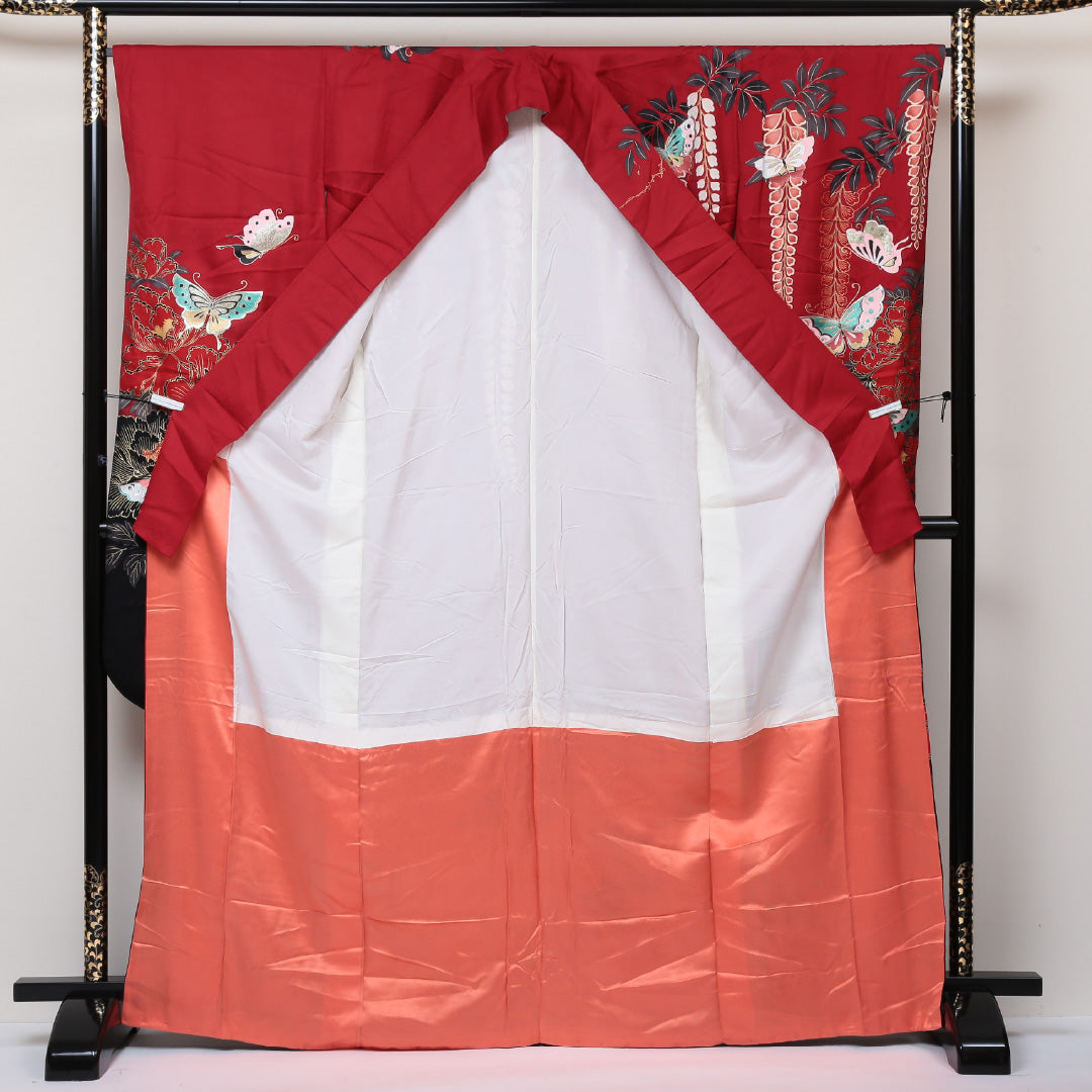 振袖 袷 身丈168cm 裄丈67cm 正絹 Aランク フォーマル 広衿 XLサイズ 蝶 藤 牡丹 赤系 RP 1215-06333