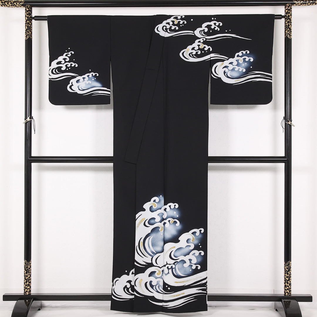 洗える着物 訪問着 袷 身丈158cm 裄丈66cm ポリエステル Sランク 踊り用 バチ衿 Lサイズ 波頭 黒系 LP 1217-17507