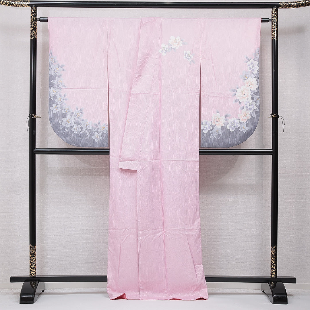 洗える着物 小振袖 袷 身丈168cm 裄丈66cm ポリエステル Sランク セミフォーマル 広衿 XLサイズ 椿 ピンク系 RP 1216-07063