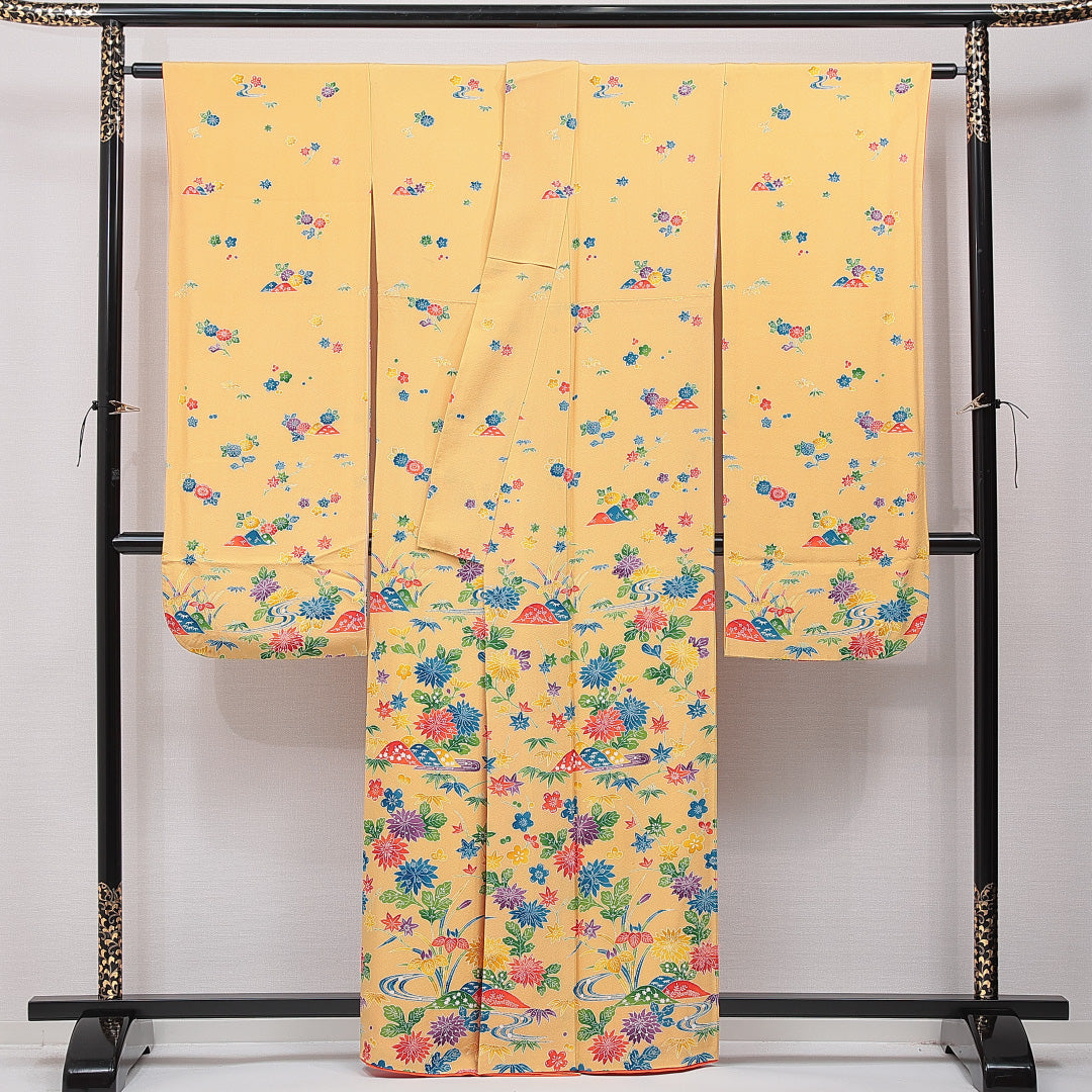 洗える着物 振袖 袷 身丈160cm 裄丈64cm ポリエステル Cランク フォーマル 広衿 Lサイズ 菊 紅葉 黄系 HP 1215-06990