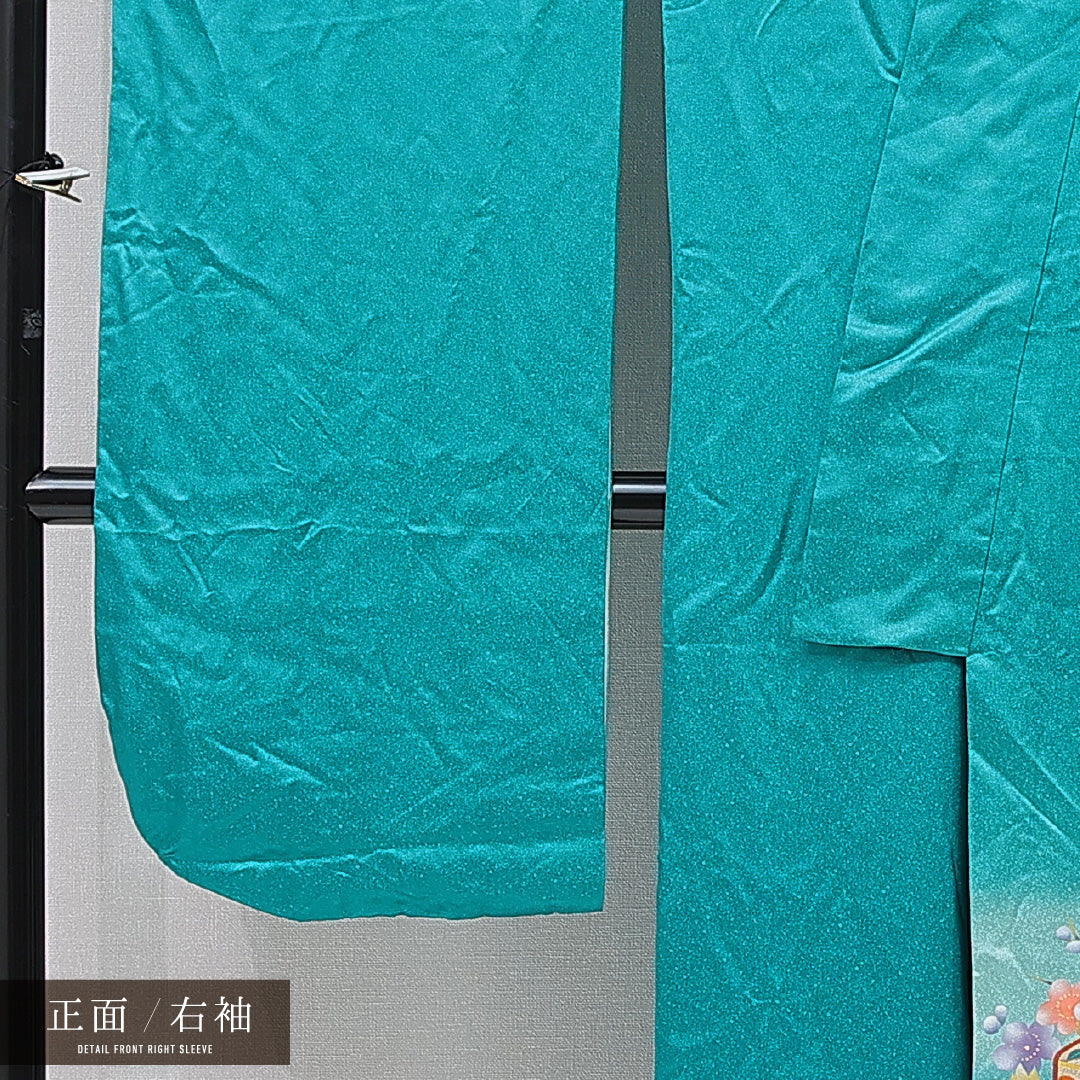 振袖 袷 身丈167cm 裄丈66cm 正絹 Aランク フォーマル 広衿 XLサイズ 御所車 梅 青系 RP 1215-06987