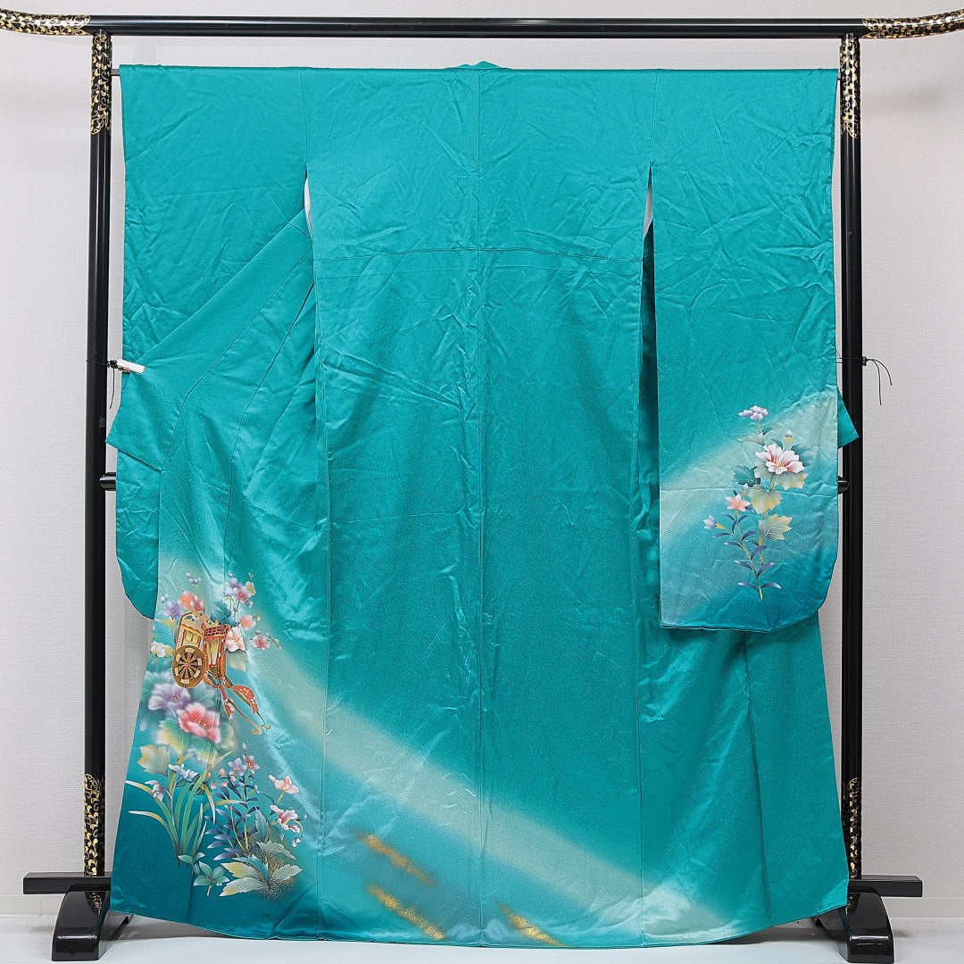 振袖 袷 身丈167cm 裄丈66cm 正絹 Aランク フォーマル 広衿 XLサイズ 御所車 梅 青系 RP 1215-06987