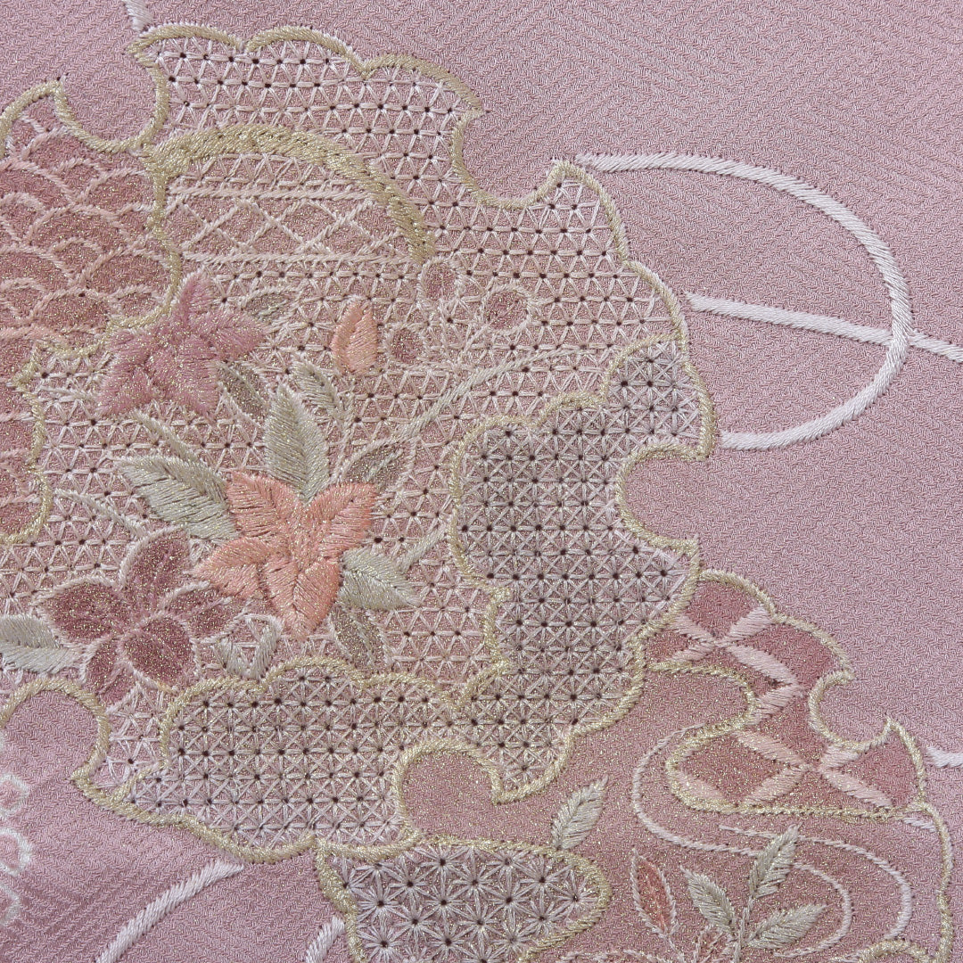 訪問着 袷 身丈165cm 裄64cm 正絹 ピンク系 Aランク 汕頭刺繍 鹿の子絞り 1212003443513