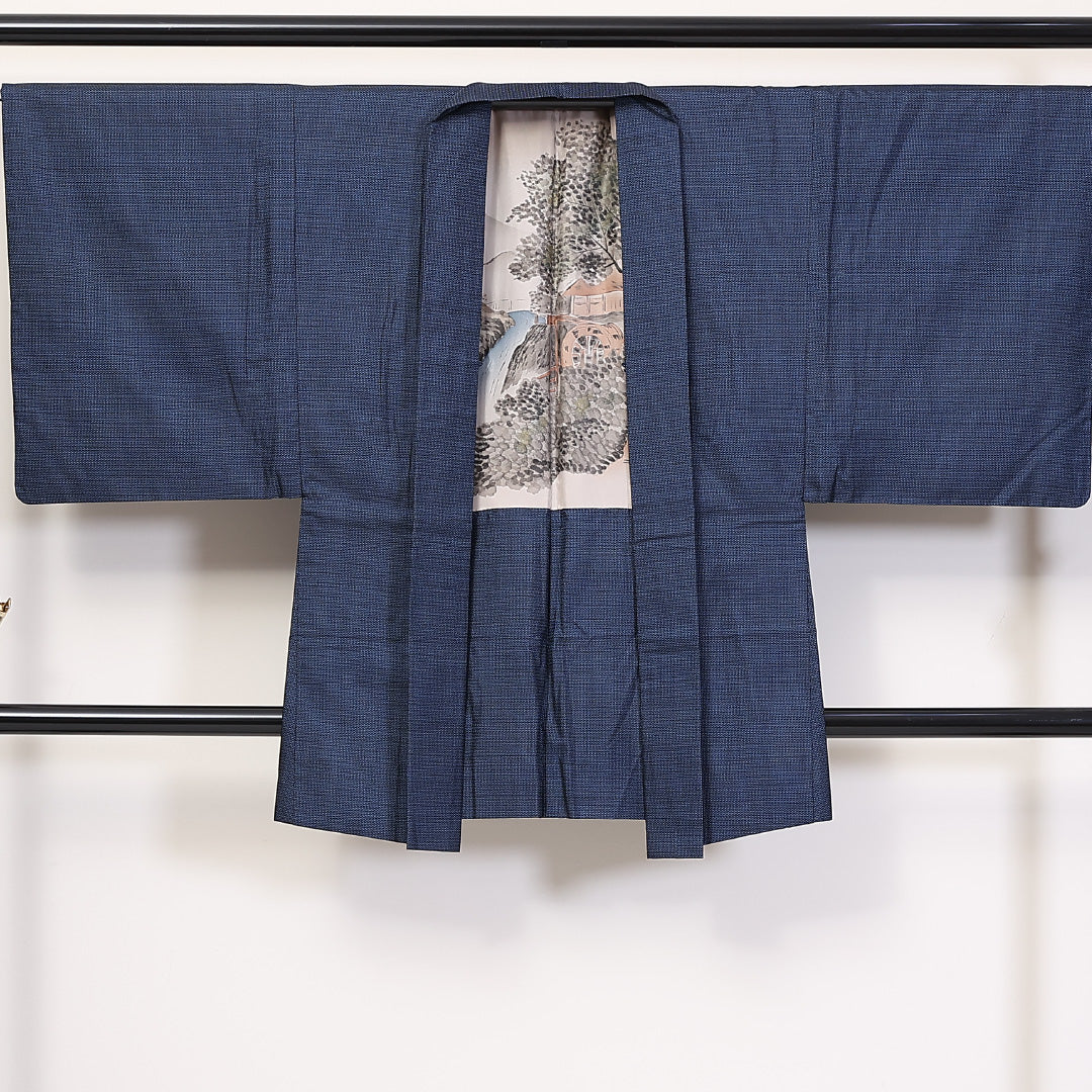 アンサンブル 男着物 (本場大島紬) 袷 身丈147cm 裄丈70cm 正絹 Aランク インフォーマル 棒衿 Lサイズ 証紙 亀甲 紺系 M4 1224-06234